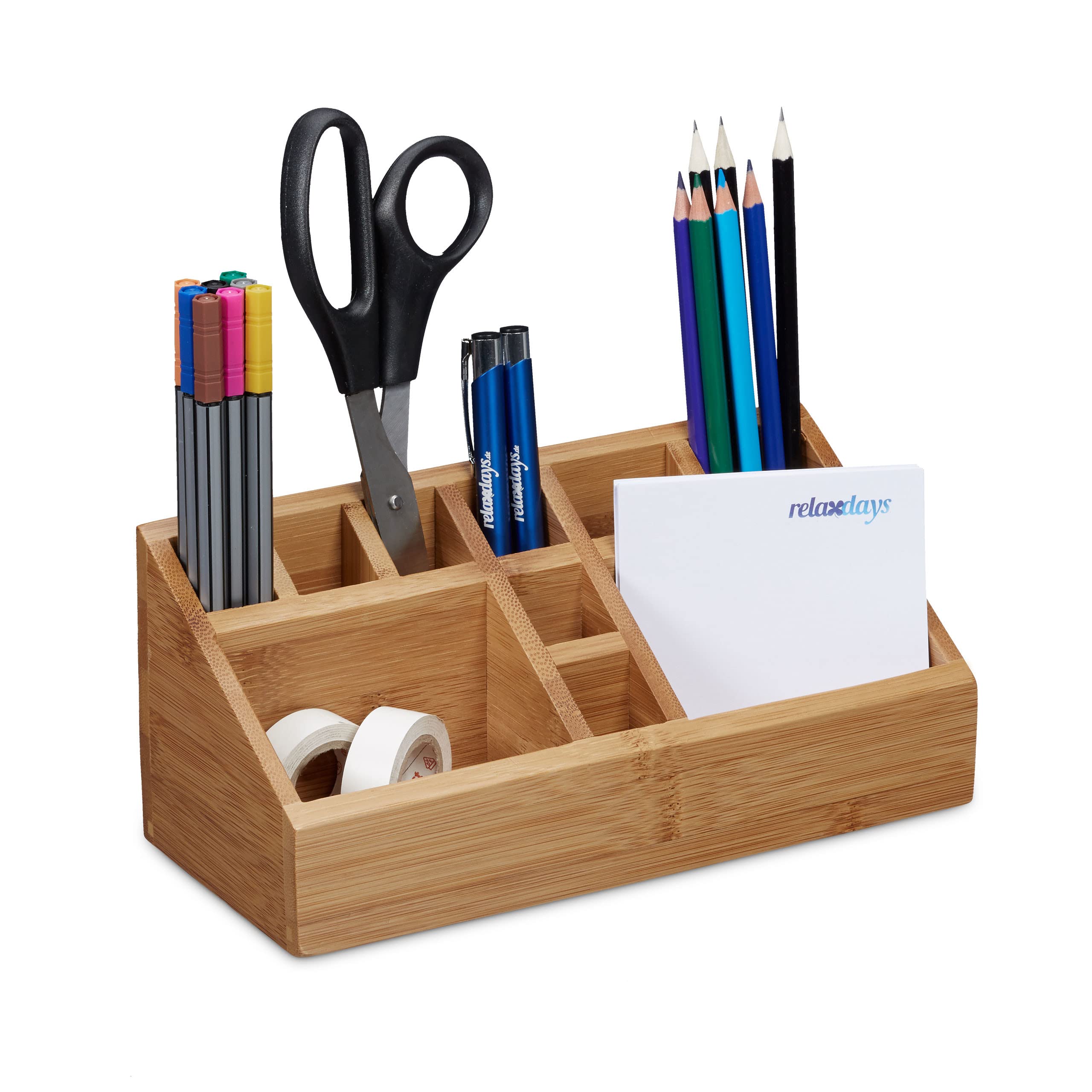 Relaxdays Bamboo Desk Organiser, Pencil Holder, 10 Compartments, Natural Wood Grain, Size: 10 x 23 x 10 cm, Natural Brown