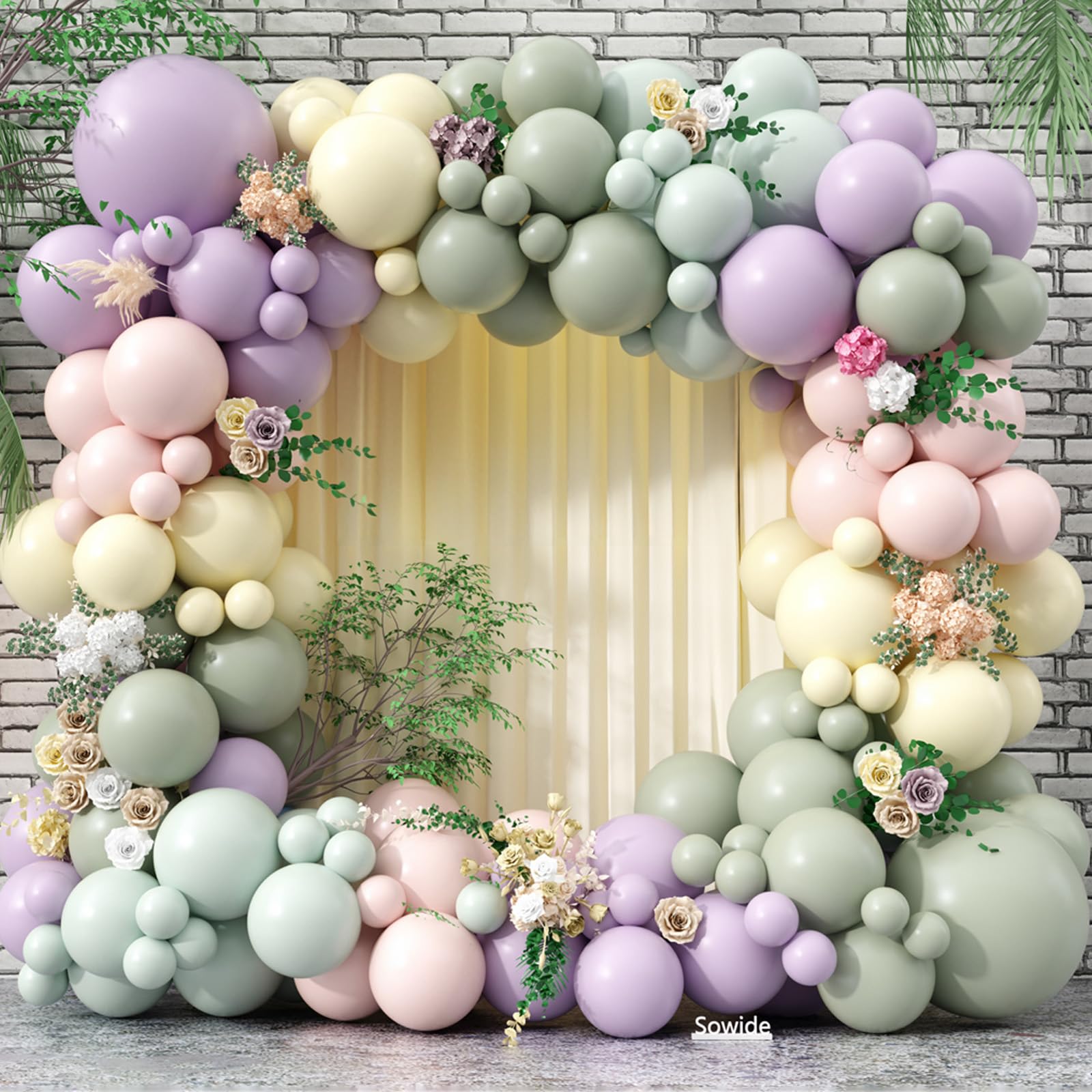 Photo 1 of ******Stock photo reference only***** Pink Purple Green Balloon Arch Kit, 122Pcs Dusty Pink Light Green Macaron Yellow Pastel Balloons for Kids Girl Flower Party Decorations Spring Baby Shower Wedding Engagement Fairy Birthday Supplies