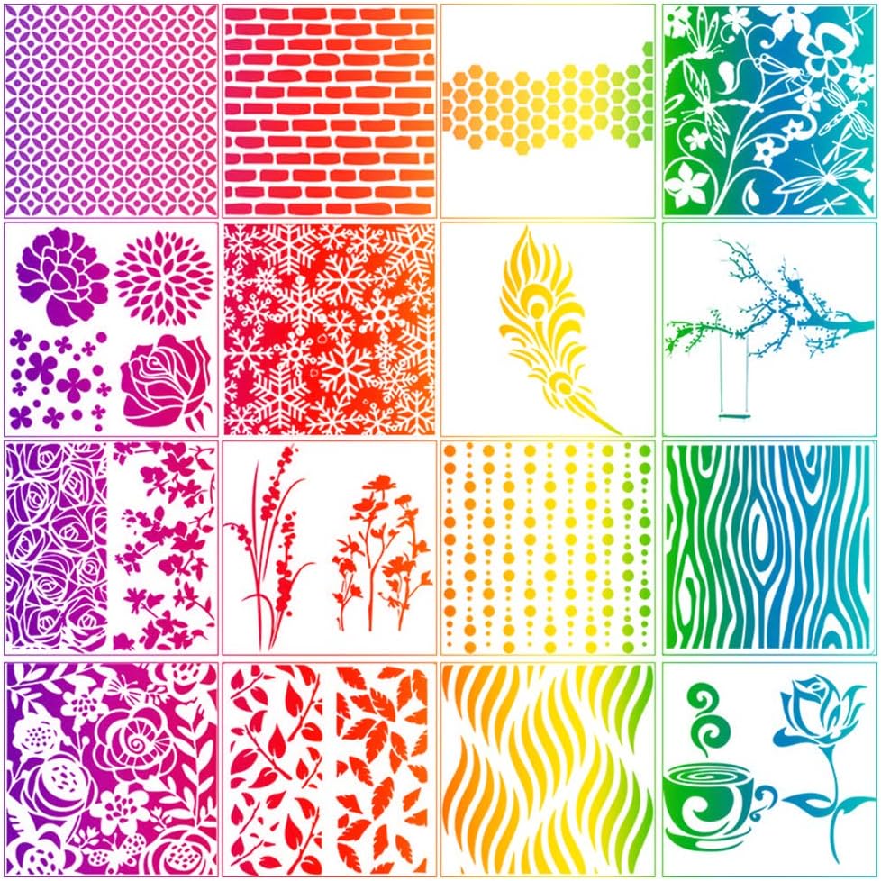 Lirener 16Pcs Painting Stencil Plastic Drawing Spraying Templates, Reusable Plastic Planner Journal Stencils Set for Scrapbooking, DIY Drawing, Painting, Card and Craft Projects, 14.1x13cm