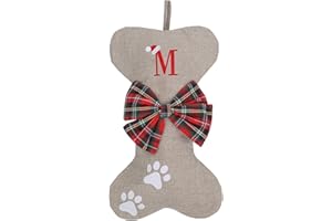 AUAWMLK Personalized 15in Letter Christmas Stocking Linen Style Bone Shaped Xmas Decorations for Pet Dogs(Letter M)
