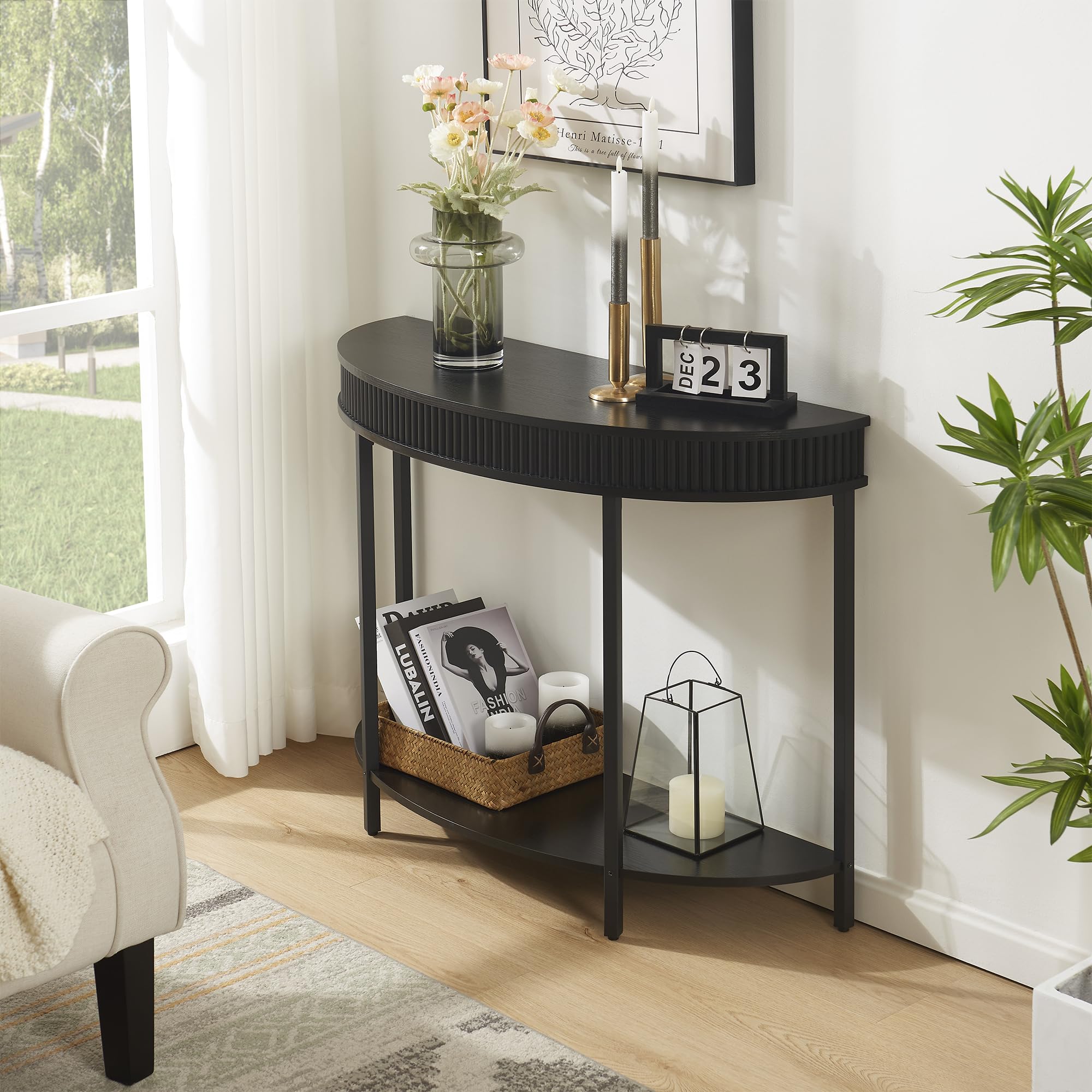 Photo 1 of *** REFERENCE***unipaws Fluted Half Moon Console Table, Modern 2-Tier Black Entryway Console with Storage, Sofa Back Table for Living Room, Hallway & Foyer (36" Width)