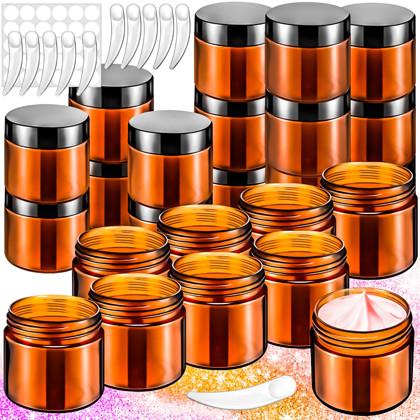 Photo 1 of MotBach 16 Pack 2oz Amber Plastic Jars, 60ml Empty Small Round Cosmetic Jars Refillable Makeup Containers Leakproof Travel Cosmetic Containers with Black Lids for Sample Cream Lotion Powder Ointment