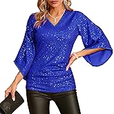 Womens Sequin Top 3/4 Sleeve Sparkly Shirt Glitter V-Neck Dressy Blouse for Evening Party Night