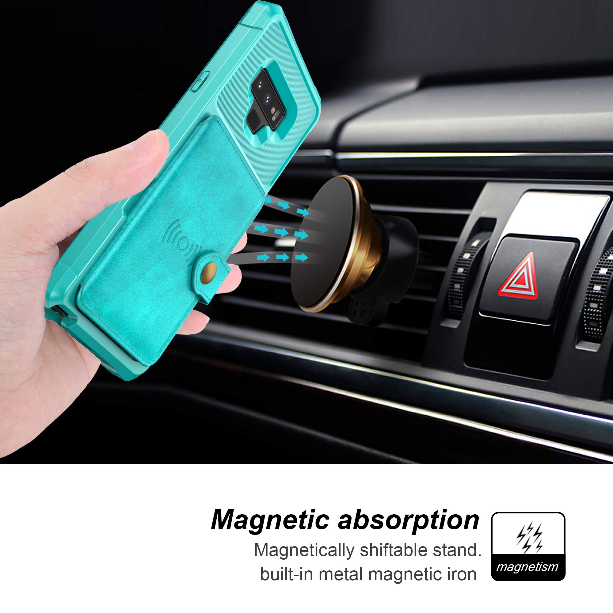 YNBY Galaxy S9 Case, Sumsung S9 Wallet Flip Leather Kickstand Fit Magnetic Wireless Car Charger Mount Slim Durable Shockproof Protective Case Cover with Card Holder (Turquoise)