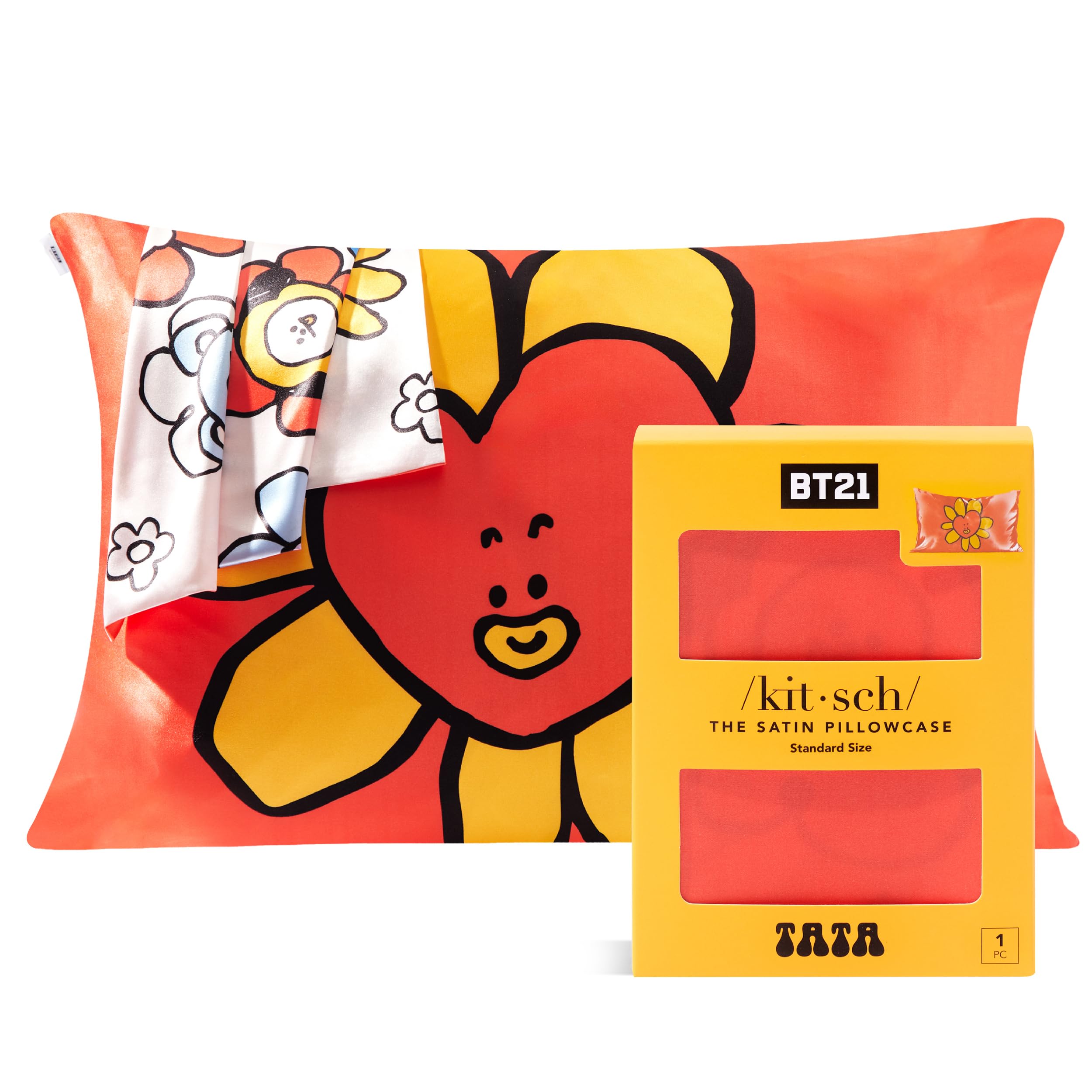 Kitsch x BT21 Satin Pillowcase with Zipper for Hair & Skin, Softer Than Silk Pillow Cases, Queen Pillow Covers, Machine Washable, Wrinkle-Free, Cooling Satin Pillow Cases Standard Size 19"x26" (Tata)