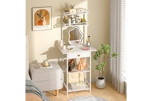 3IngSeagulls Small Vanity Desk Without Mirror, Makeup Vanity Table for Small Space, Compact White Dressing Table with Fabric Drawers, Makeup Vanity with Storage for Bedroom, White, 23.6in（W）