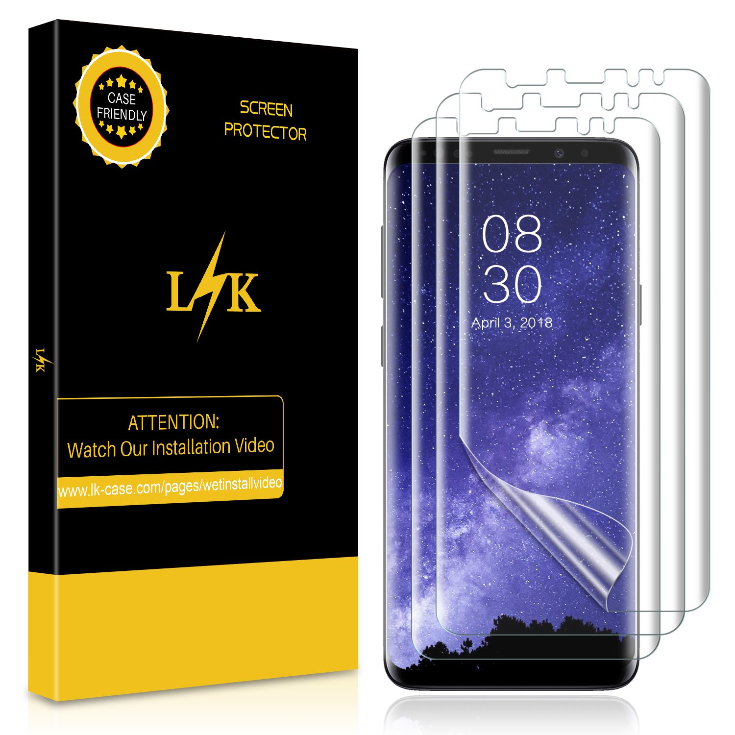 [3 Pack] LK Screen Protector for Samsung Galaxy S9, Liquid Skin [New Version] [Case-Friendly] [Bubble-Free] HD Clear Flexible Film with Lifetime Replacement Warranty
