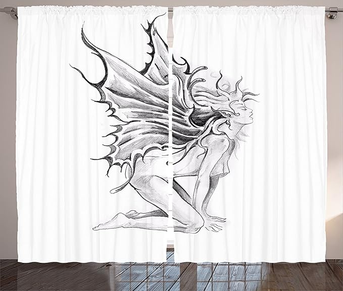 Tattoo Decor Curtains Artistic Pencil Drawing Art Print Nude Fairy Opening Its Angel Wings Living Room Bedroom Window Drapes 2 Panel Set Black And White Amazon Co Uk Kitchen Home