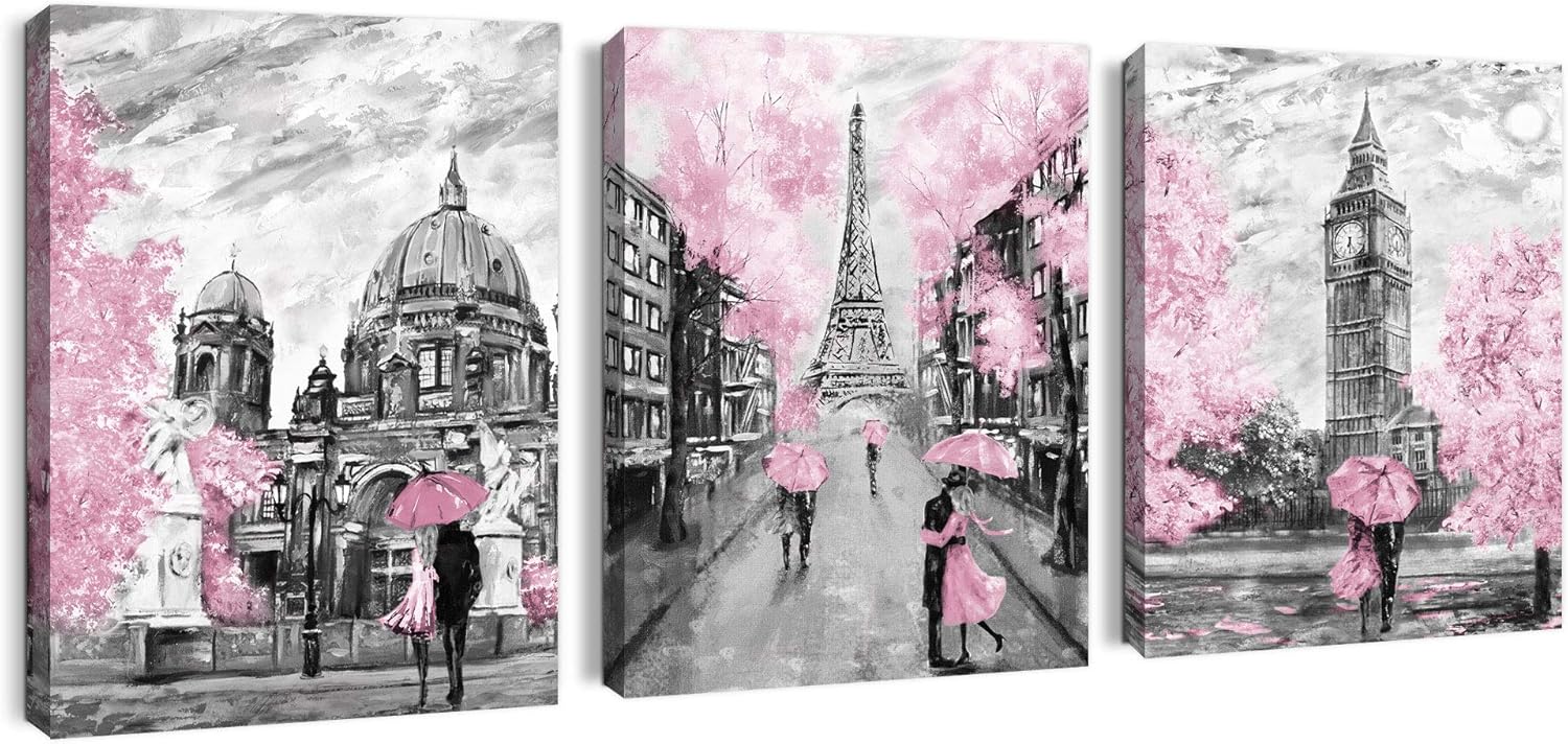 Paris Decor Canvas Wall Art for Living Room Pink Theme Artwork Girl Bedroom Wall Decor Modern London Big Ben Tower Eiffel Tower Pictures Wall Decor Bathroom Framed Wall Decorations Size 12x16x3 Panels