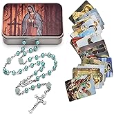 SZQCZB Rosary Beads Catholic Necklace Holy Soil Medal Cross Crucifix with Metal Box and 18pcs Prayer Cards