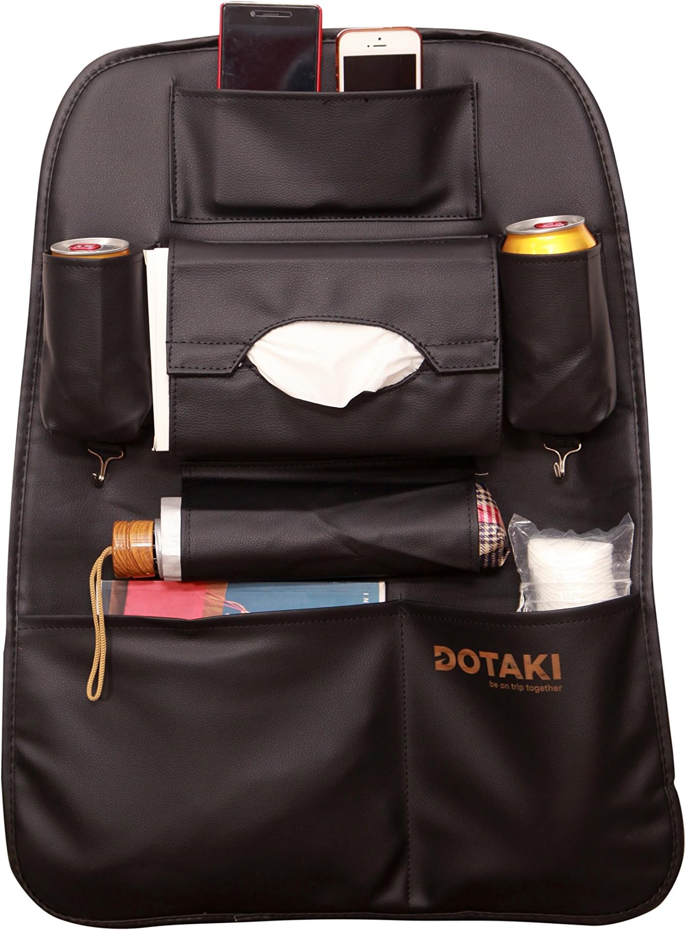 Dotaki Kick Mats Car Backseat Organizer (Leather) Cargo Storage Carrier with Pockets | Store Water Bottles, Mobile Devices, Tissue, Umbrella, Toys | Keeps Entertainment Accessible (Black)