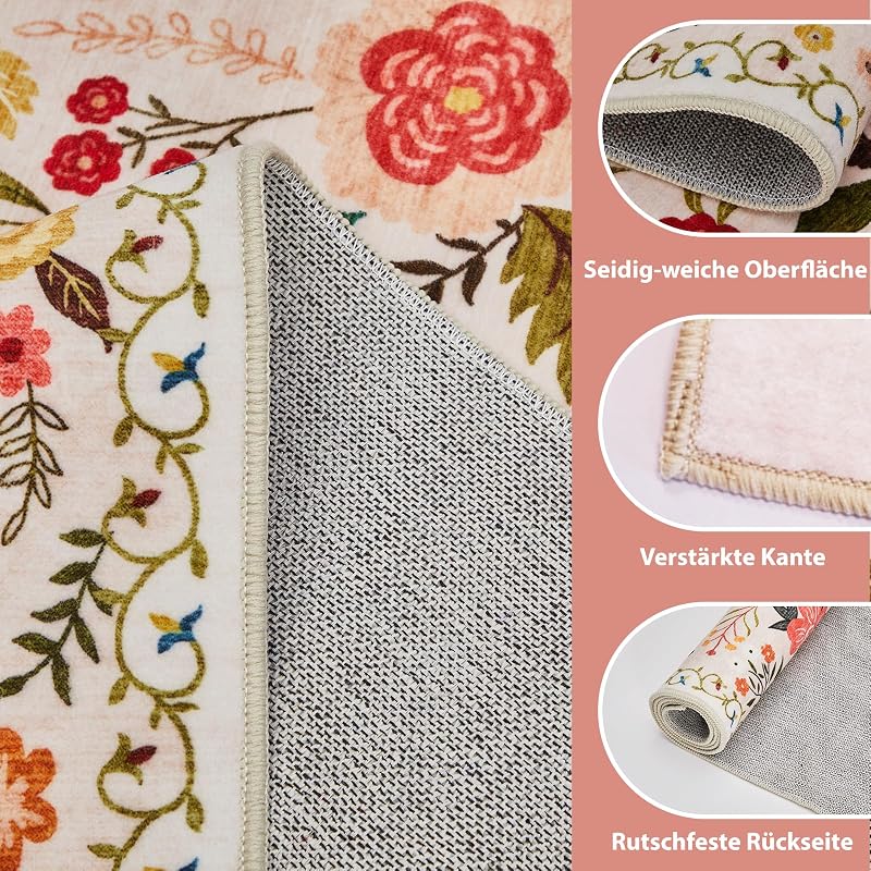Alfombra de salón, 140 x 200 cm, estilo vintage floral, lavable y antideslizante, estampado plano, diseño ultrafino, ideal para dormitorios, habitaciones infantiles, baños y lavanderías, color beige — foto 3 de 8
