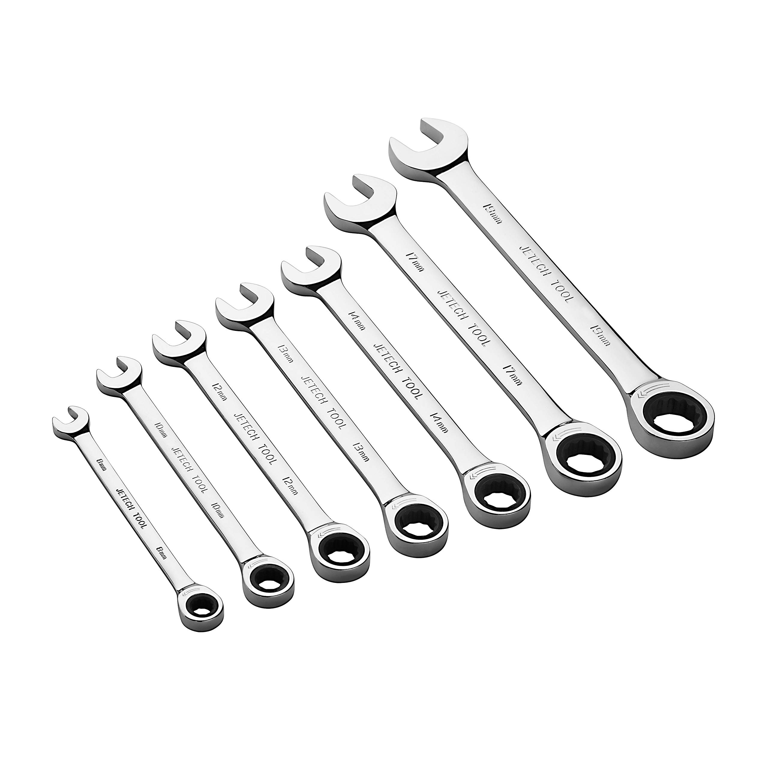 Jetech 7pc Gear Wrench Set - Metric 8-19mm - Industrial Grade Cr-V Steel Ratcheting Combination Wrench Set, Ratchet Spanner in Polished Chrome Finish