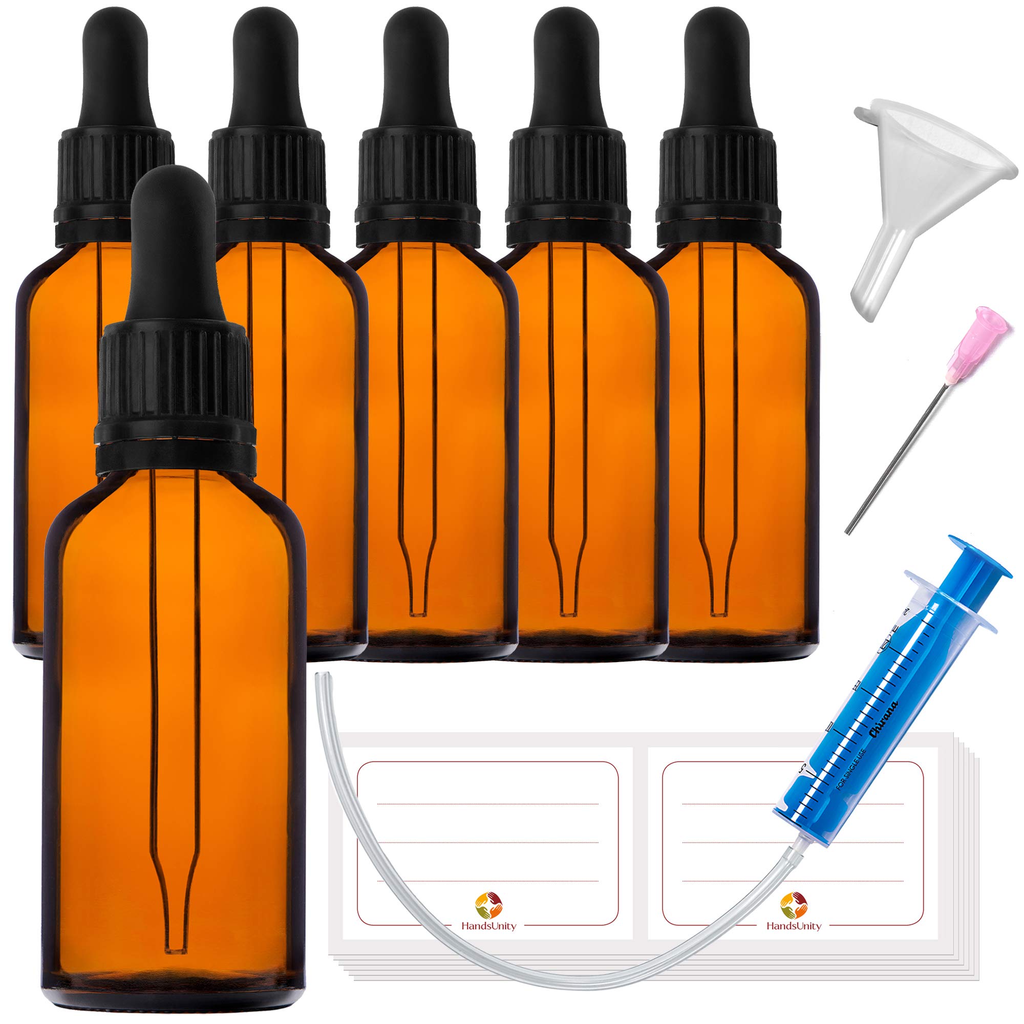 HandsUnity 50ml-6pcs Pipette Glass Bottle - Amber Glass Pharmacy Jar Set with Black Pipette Cap includes 17pcs Auxiliary Accessories Brown Glass Bottles