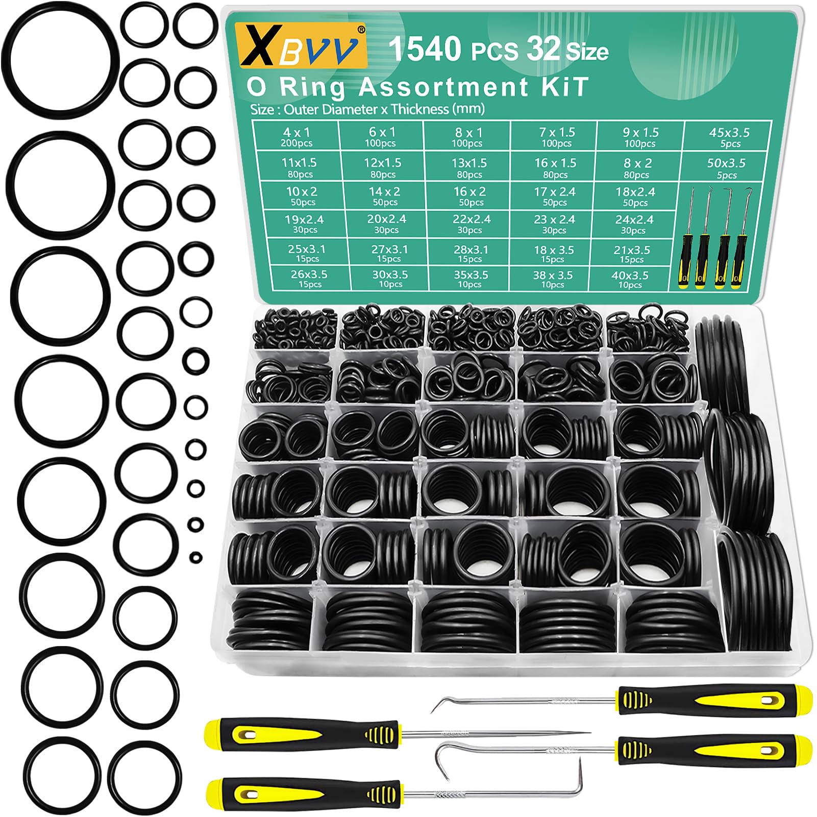 Photo 1 of XBVV 1540 Pcs 32 Size O-Rings Kit Nitrile Rubber O Ring Assortment with 4 Hook Set for Various Car Auto Vehicle Repair Plumbing Pressure Washer Air or Gas Sealing Connections Resist Oil and Heat