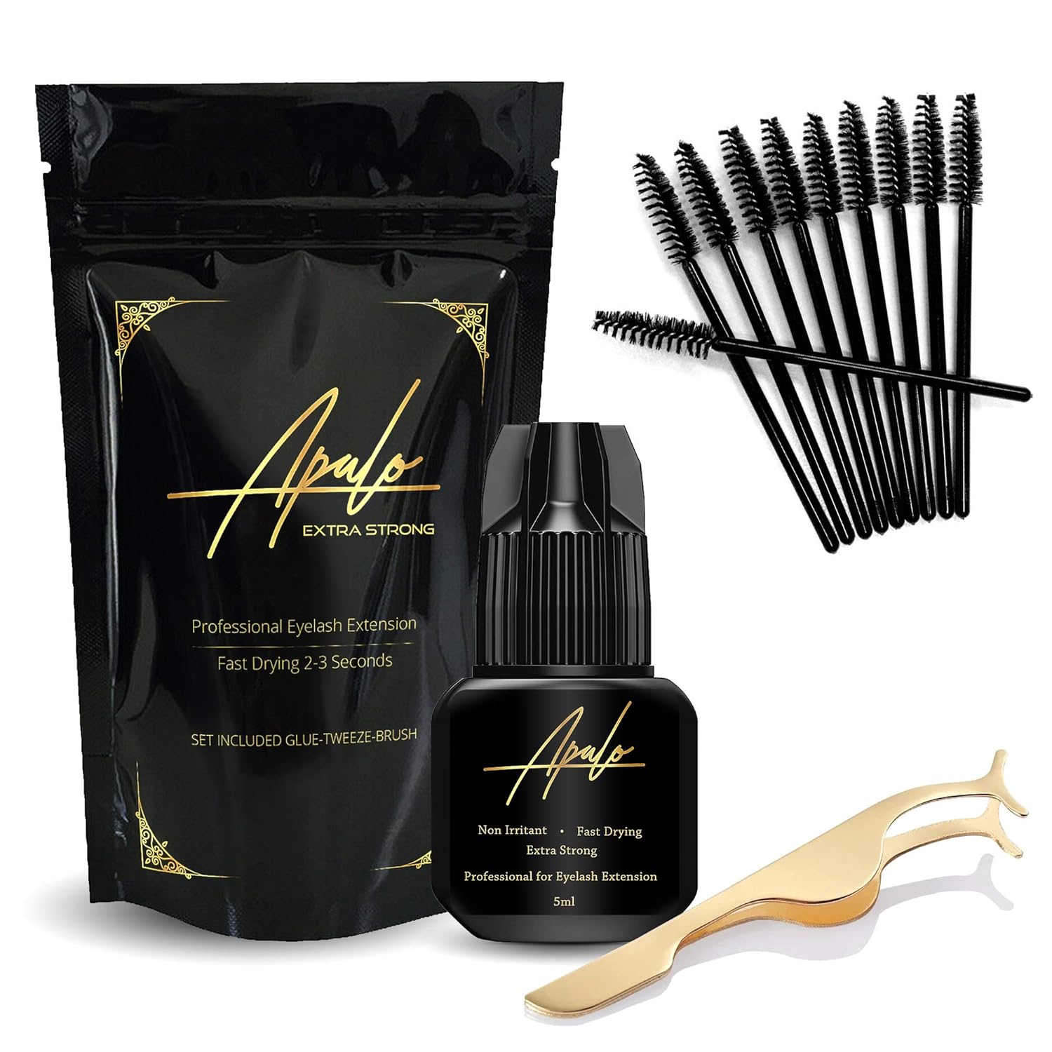 Extra Strength Eyelash Extension Glue & Remover Set, 50 Piece Kit w/Long Lasting Lash Glue, Professional Tweezers, Eyelash Brush, Quick Dry Eyelash Adhesive, Odor Free Glue, 2-3s Dry Time