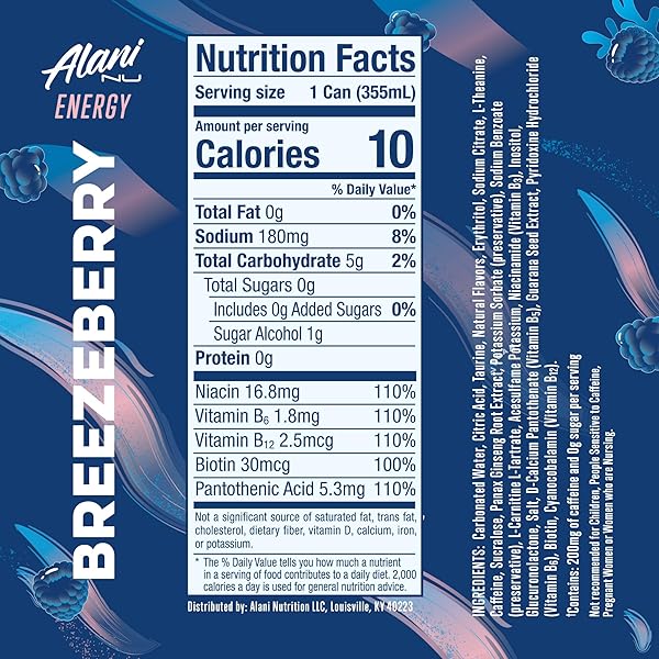 ALANI NU BREEZEBERRY, SUGAR FREE, LOW CALORIE ENERGY DRINKS, 200MG CAFFEINE, BIOTIN, B VITAMINS, ZERO SUGAR, 10 CALORIES, 12 FL OZ CANS, 24 PACK