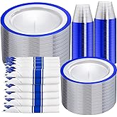 I00000 350 Pcs Dark Blue Plastic Plates,Clear Disposable Plates for 50 Guests,Blue Dinnerware Include 50 Dinner Plate 50 Dessert Plate,50 Cups,50 Pre Rolled Napkins with Cutlery Set for Party,Wedding
