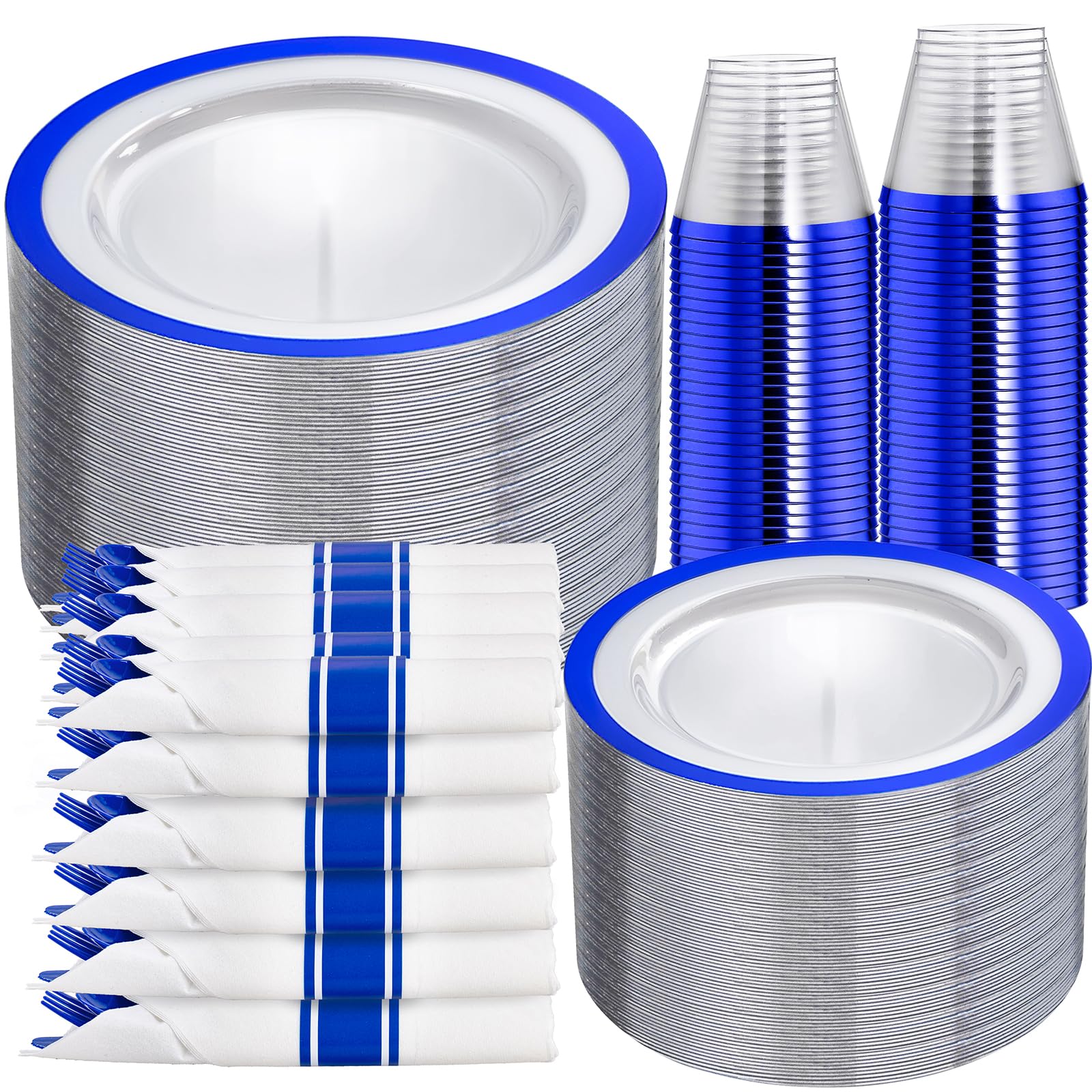 Photo 1 of I00000 350 Pcs Dark Blue Plastic Plates,Clear Disposable Plates for 50 Guests,Blue Dinnerware Include 50 Dinner Plate 50 Dessert Plate,50 Cups,50 Pre Rolled Napkins with Cutlery Set for Party,Wedding