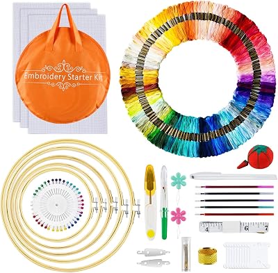 AUERVO Embroidery Kit Cross Stitch 120 Color Threads 5 Bamboo Hoops Starter Kit