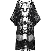 Romanstii Women's Lace Cardigan Floral Crochet Sheer Beach Cover Ups Long Kimono