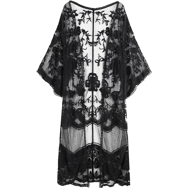 Anna-Kaci Women's Embroidered Lace Kimono - Long Sleeve Cover Up Cardigan Beach Duster