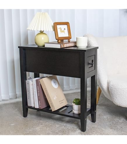 Tangkula Narrow End Table With Drawer - 9.8x23.6x23.6 Inch, Slim Nightstand For Small Spaces, Black Wood Grain Finish