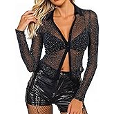 ZANZEA Women's Sexy Mesh Shirt Sheer Button Up Blouse See Through Long Sleeve Crop Top