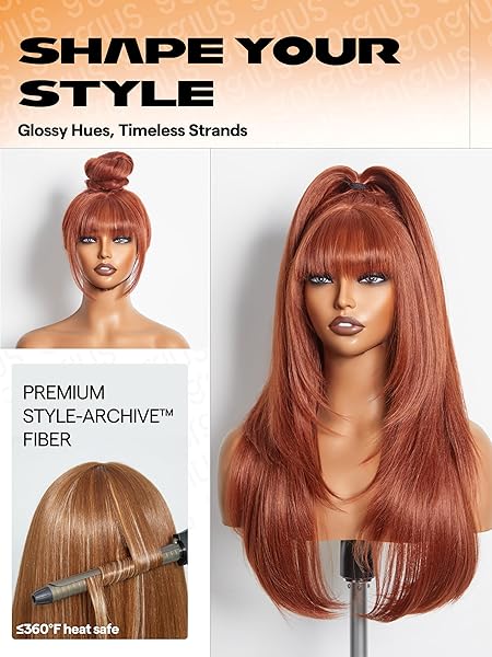 GORGIUS COPPER RED WIG WITH BANGS 24 INCH LONG STRAIGHT LAYERED WIG GLUELESS CURTAIN BANG WIGS WITH REALISTIC LACE SCALP PUT ON & GO BANGS WIG FOR BEGINNER