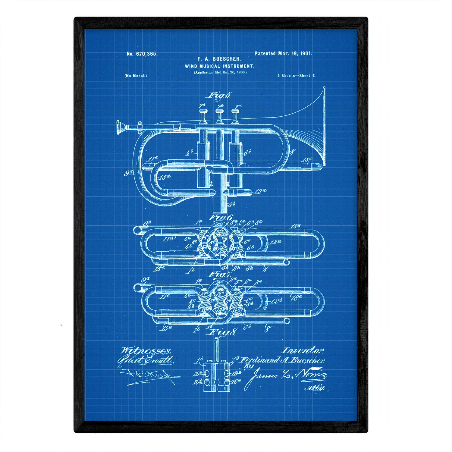 Nacnic Poster patent Trumpet 2. Foil with old design patent in A3 size with blue background