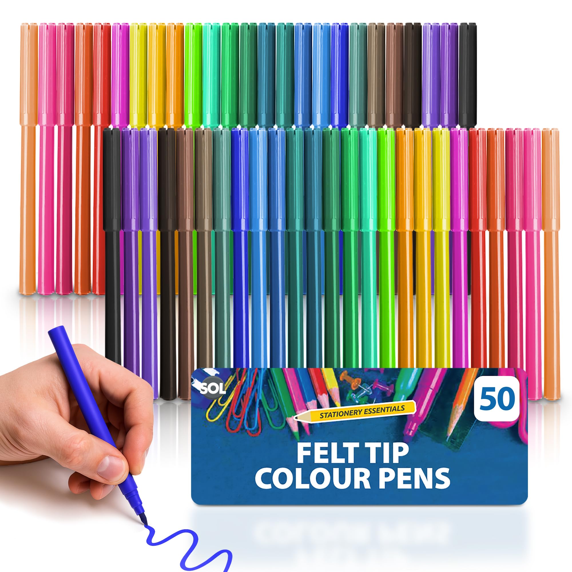 SOL 50 Felt Tip Colour Pens, Bright Colour Felt Pens for Smooth & Precise Writing & Colouring, Wide Range of Hues Selection Suitable for Kids and Adults, Great for Scrapbooking, Journaling & Arts