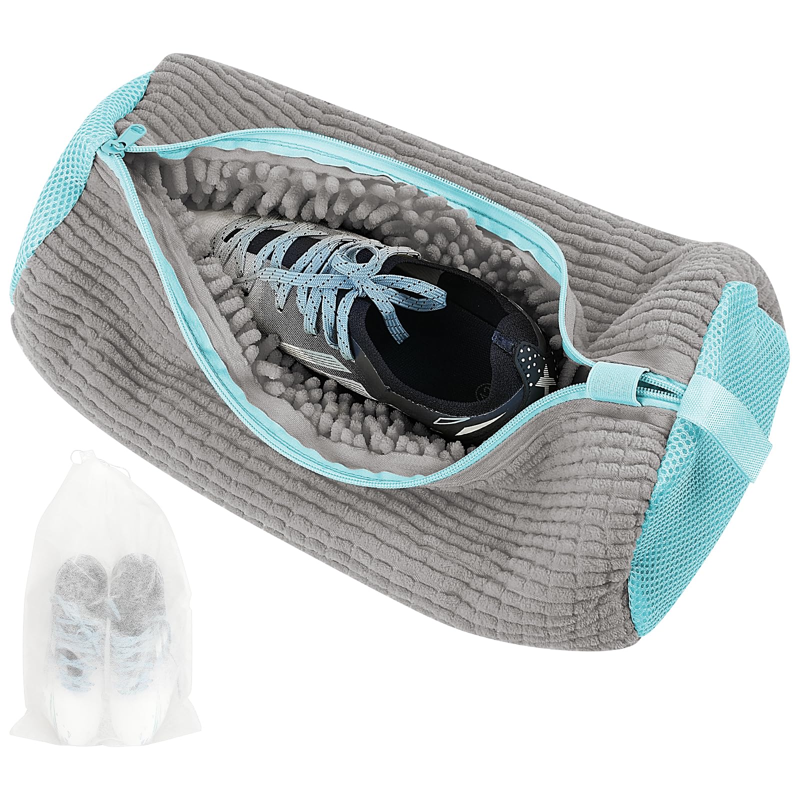 Flintronic Shoes Laundry Bag for Washing Machine, Chenille Shoe Cleaning Bag with Zipper Hook, Horizontal Style, Grey