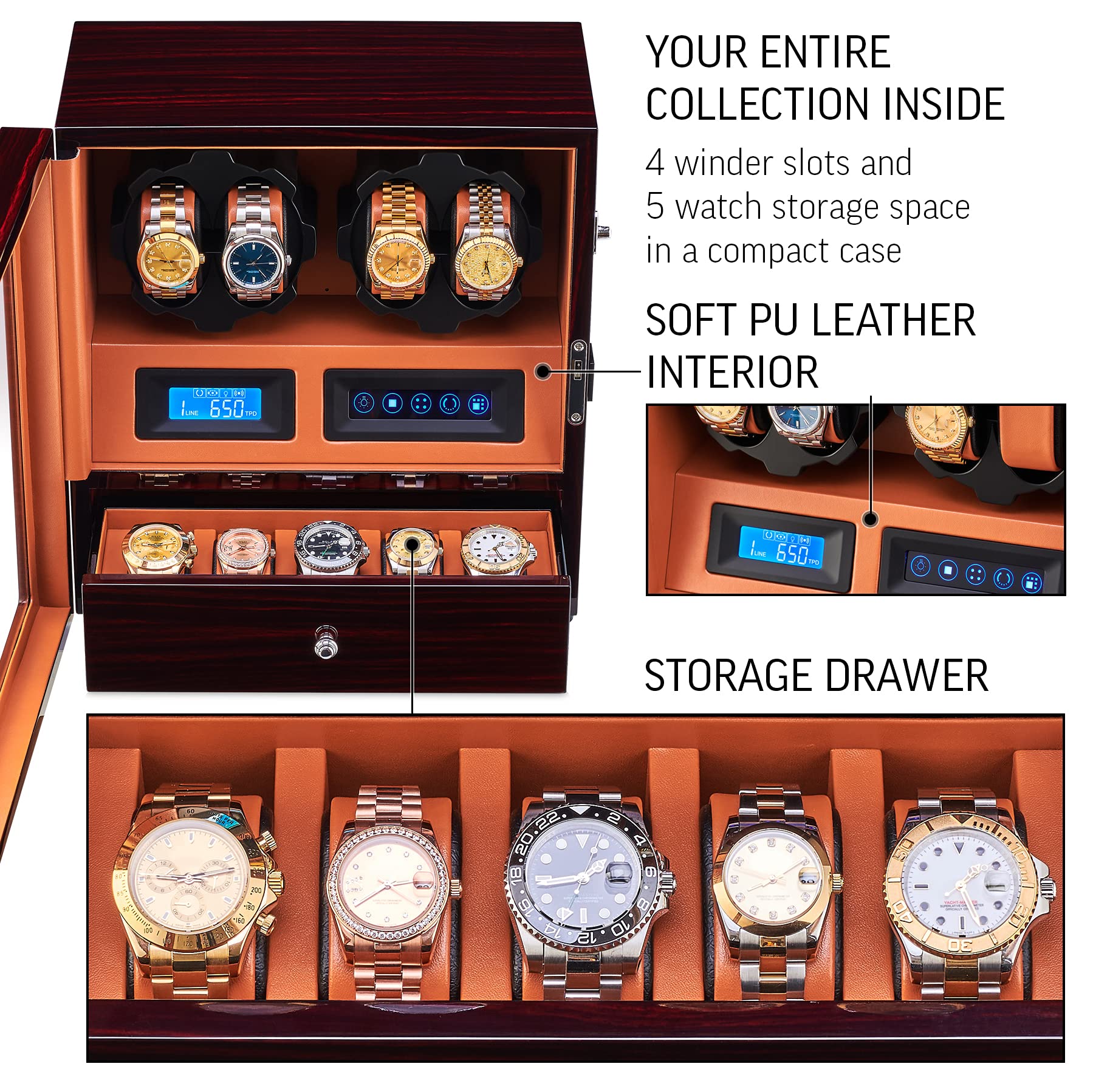 Leader WATCH WINDERS 4 Watch Winder with 5 Watch Storage Space, LCD Display, Touch Control and Interior Light