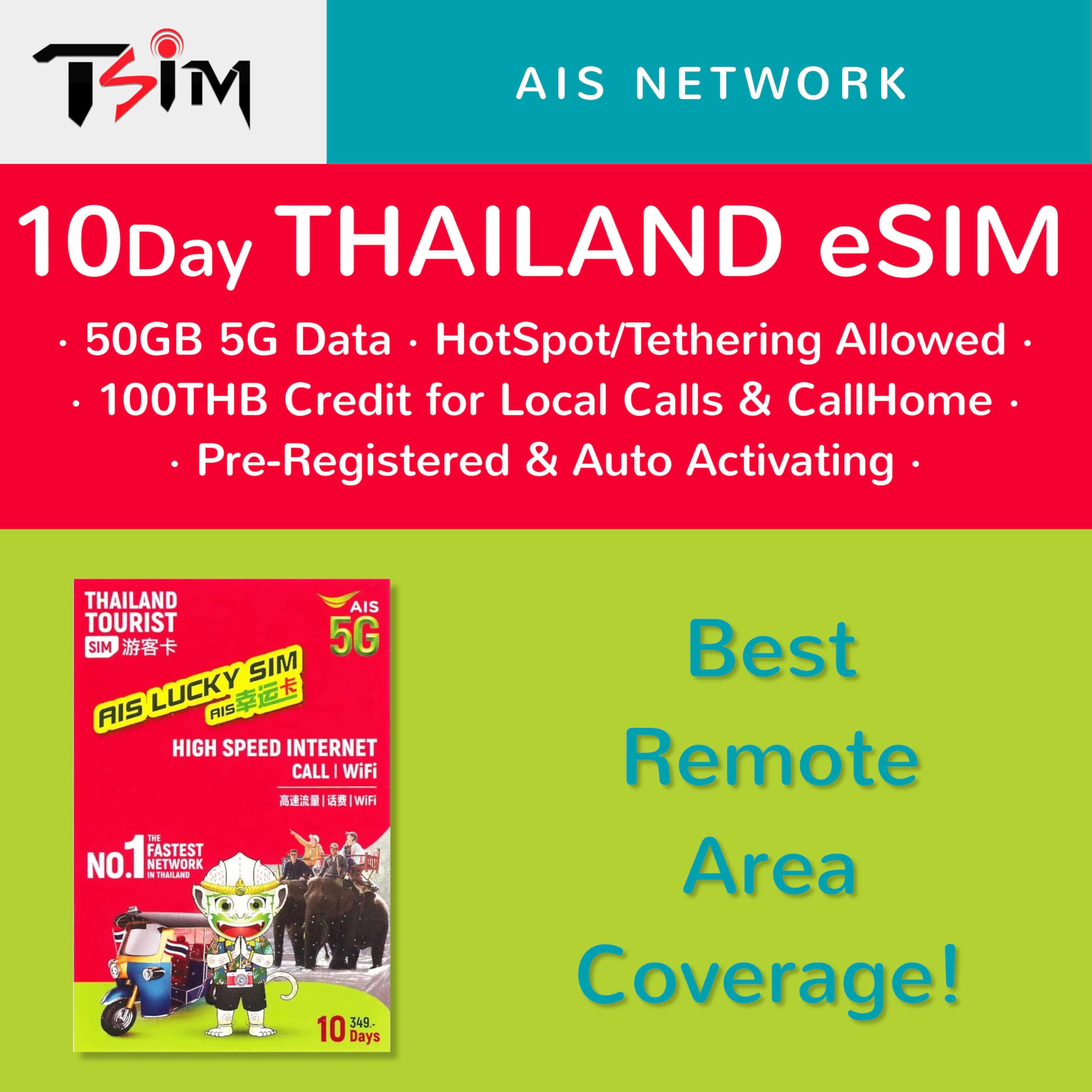 TSIM Thailand eSIM Card 10 Days 50GB | Local Number + CallHome| Auto Activating | 5G AIS Network With Tethering/HotSpot/Internet Sharing | QR Code included