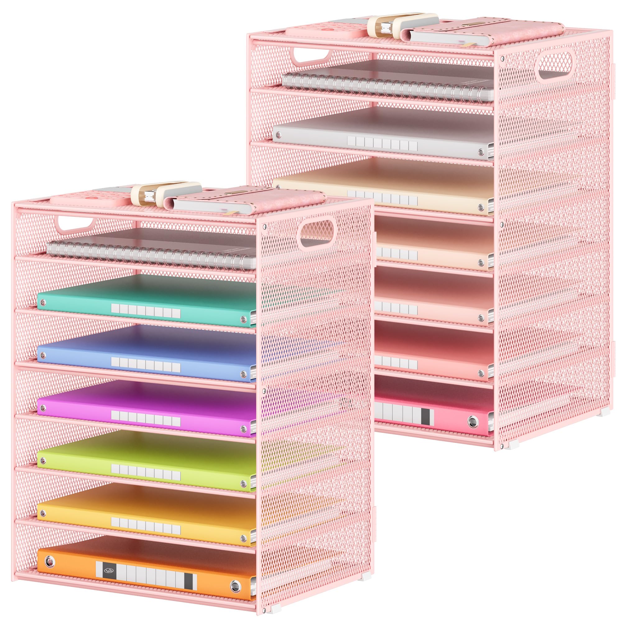 Photo 1 of **BENT* Lavatino 2 Pack 8-Tier Office Desk File Organizer, Letter Tray Paper Organizer with Handle, Including 5 Adjustable Slide Trays for Organizing Desk Workspace Accessories and Supplies (Pink Mesh)
