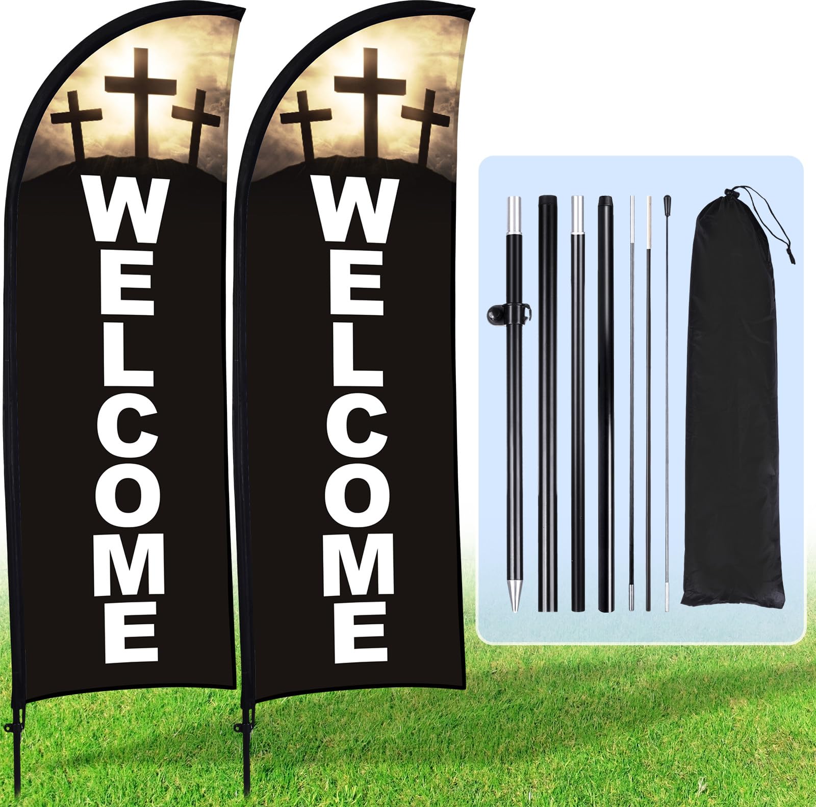 Photo 1 of Buryeah 2 Sets Welcome Feather Flag Sign Kit 8 ft Welcome Banners Swooper Flag with Fiberglass Poles and Point Stake for Outdoor Business and Events Promotion(Church,Black)