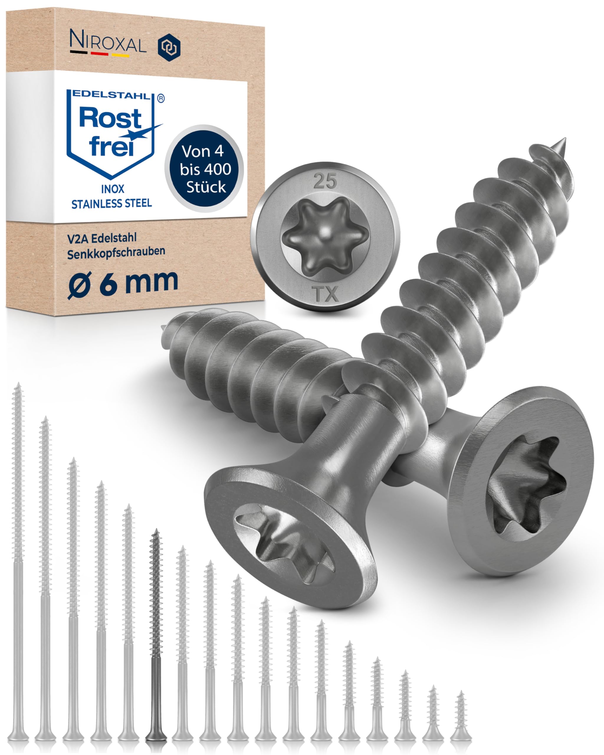 Wood Screws 6 x 90 mm TORX Countersunk Head Stainless Steel 304 Chipboard Screws Timber Screws Partial Thread Rustproof A2 10 Pack