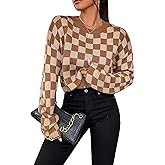 GORGLITTER Women's Checkered Cropped Sweater Plaid Knit Long Sleeve Crewneck Pullover Tops