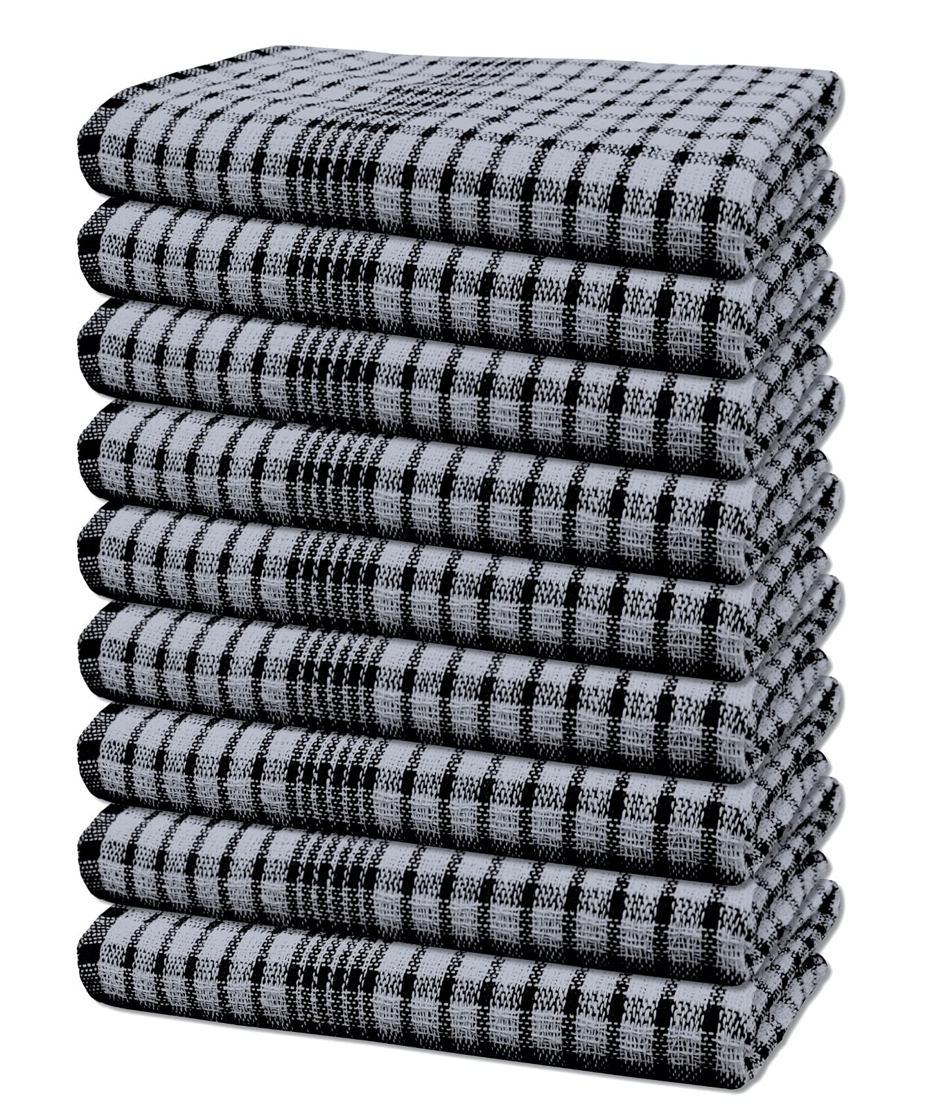 Mono Check Pure Cotton Tea Towels Wonderdry Bar Kitchen Dish Cloth Lint Free Long Lasting Quick Dry Absorbent Towels Set (Black, 10)