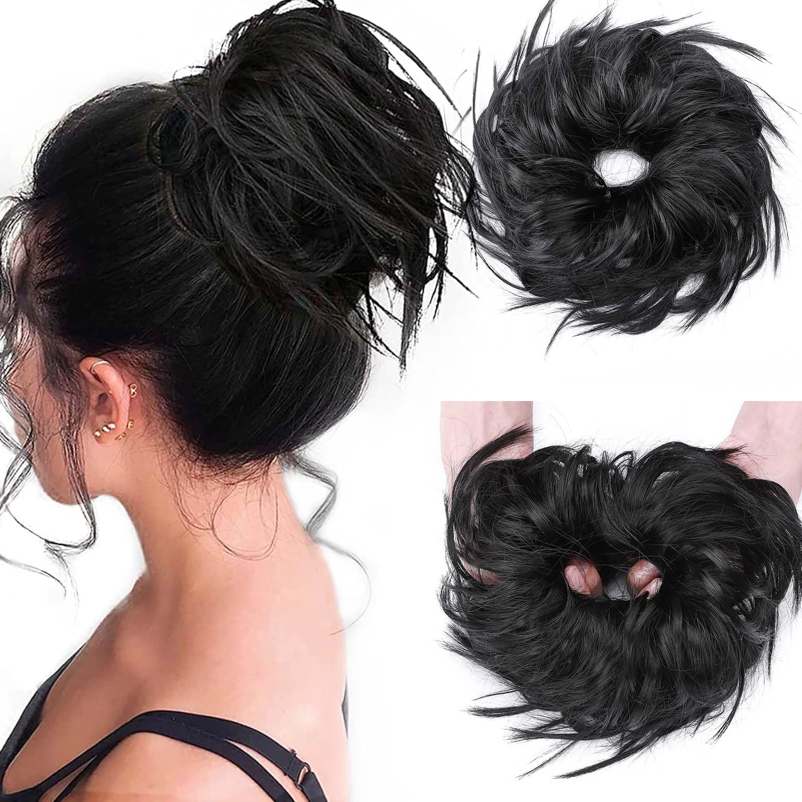 Real Fashion Tousled Updo Hair Pieces Messy Bun Hair-Scrunchies Extensions Hairpieces Ponytails HairExtensions for Women Dark Black