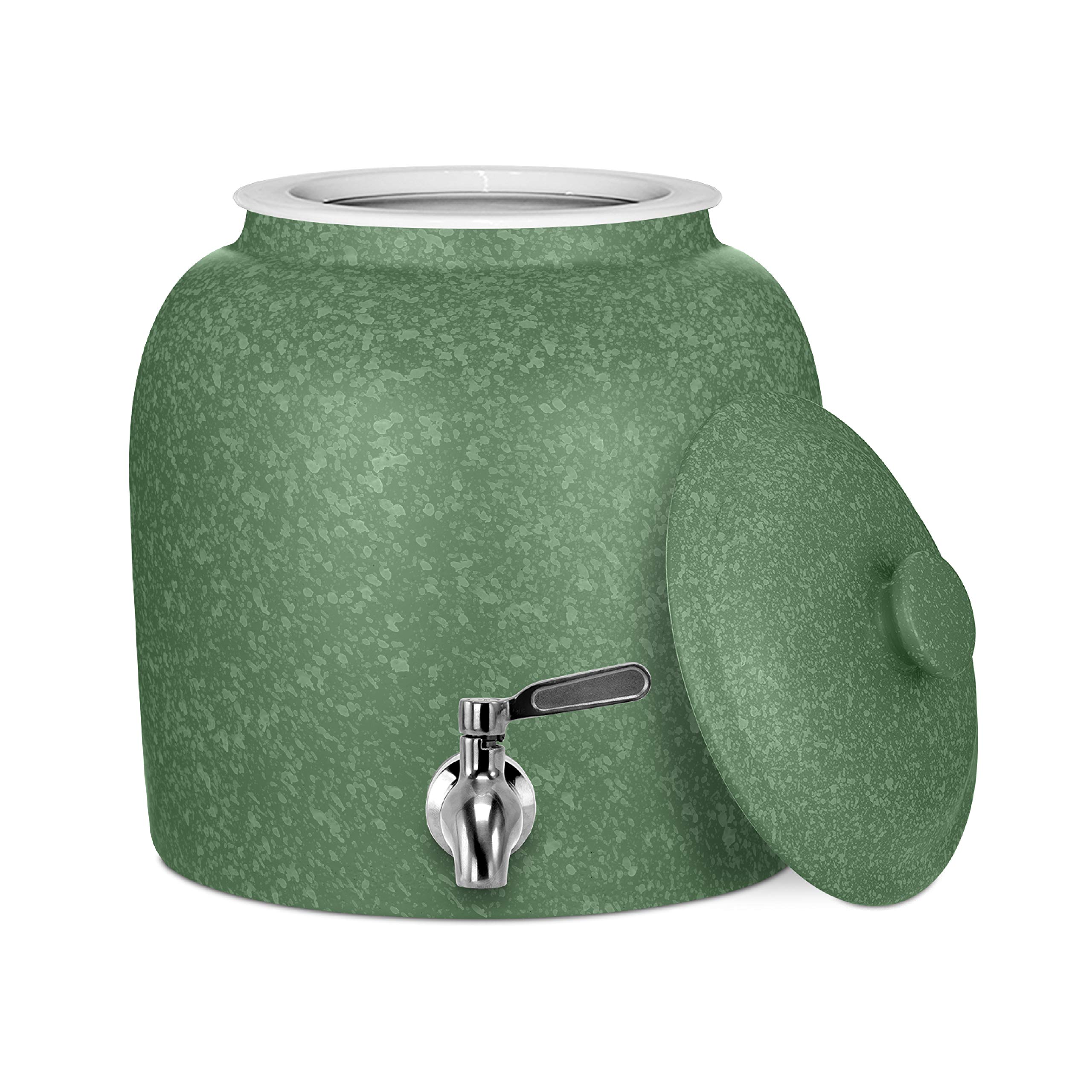 Geo Sports Porcelain Water Dispenser Crock - 3-5 Gallon, Lead-Free, With Stainless Steel Faucet & Lid (Green Speckled)
