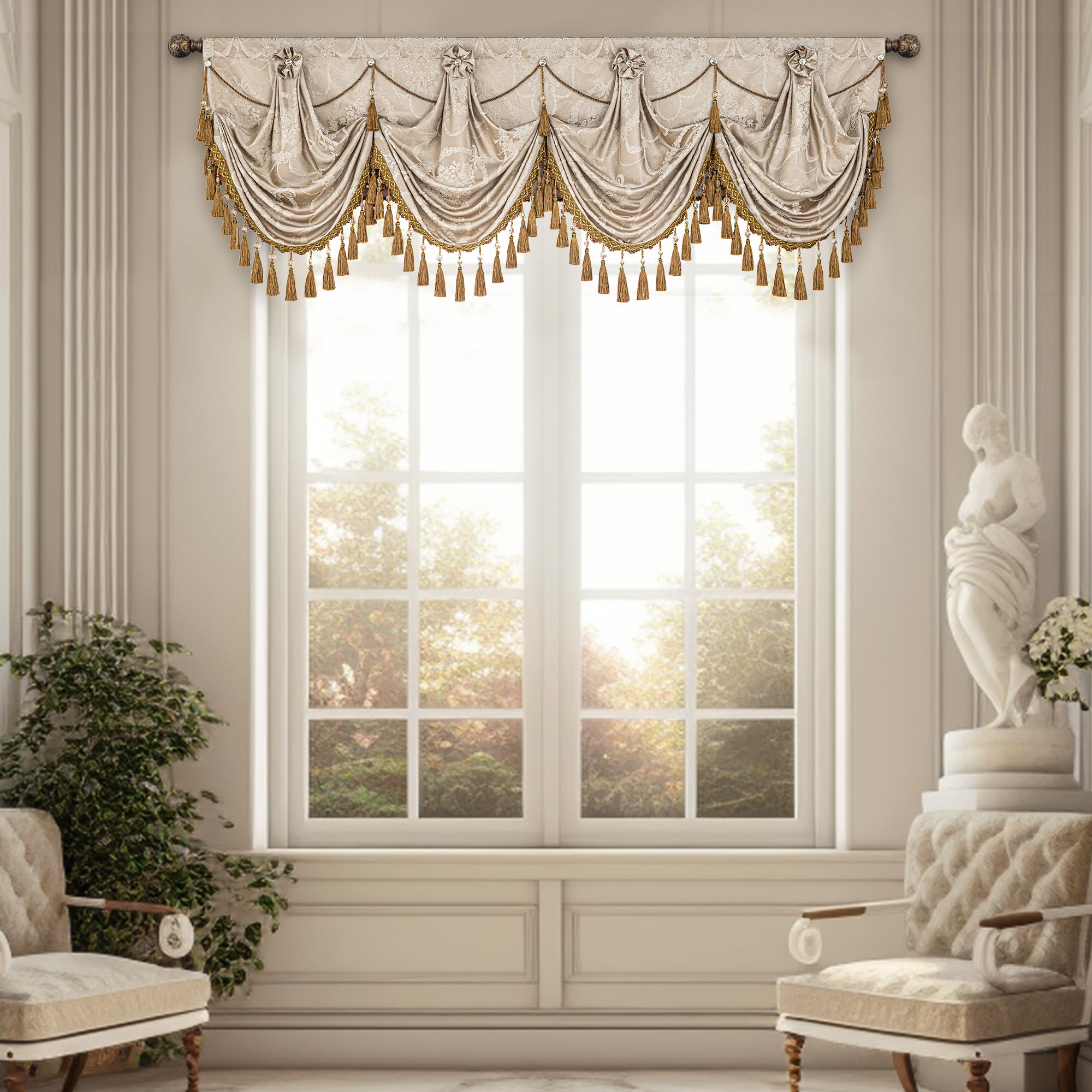 Photo 1 of Loom and Mill Luxury Waterfall Valances for Windows, Elegant Jacquard Thick Swag Curtains Valance with Tassels for Living Room, Bedroom Party Banquet Decorations (Golden & Sand, W79 Inch, 1 Panel)