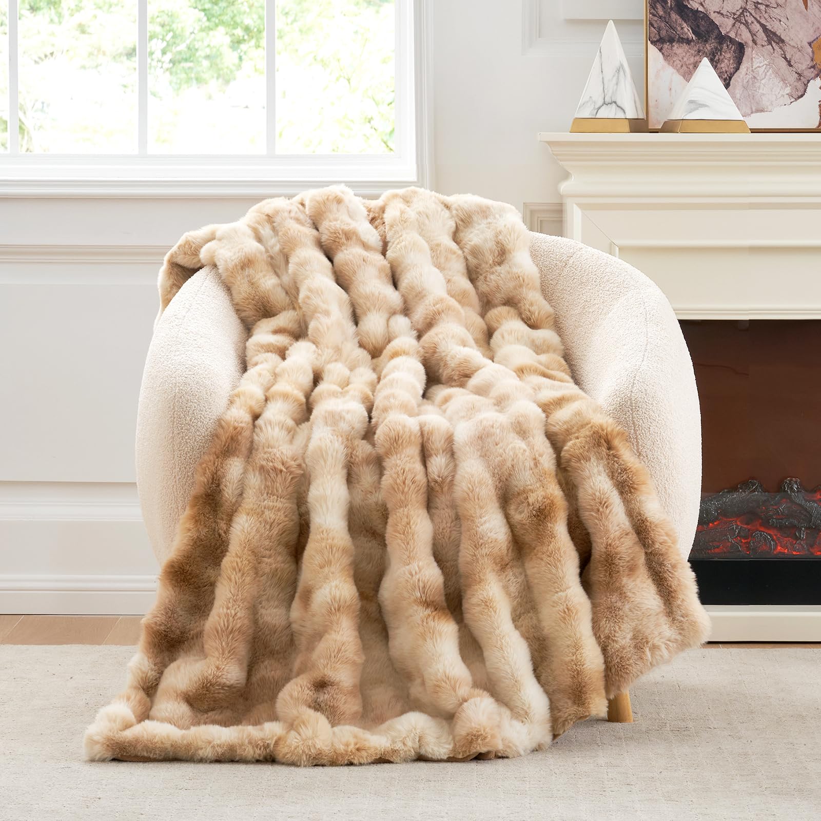 Photo 1 of Cozy Bliss Faux Fur Throw Blanket for Couch, Fuzzy Soft Plush Thick Bubble Blanket for Sofa Bedroom Living Room, 50 * 60 Inches Tie-dye Beige