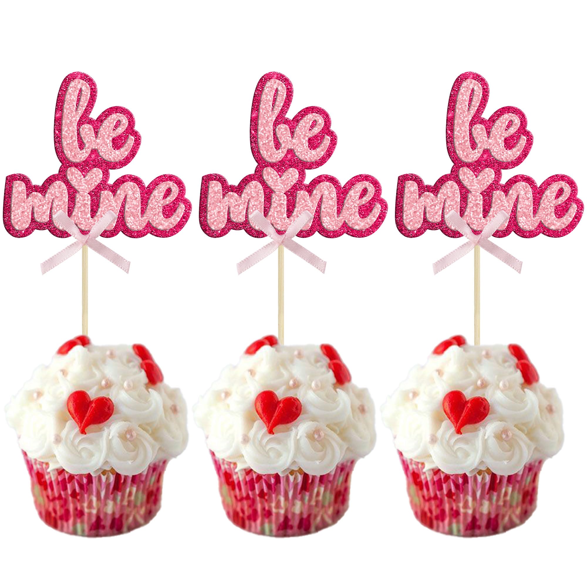 Gyufise 24Pcs Be Mine Cupcake Toppers with Pink Bow Valentine's Day Cupcake Pick Decorations for Valentine's Day Theme Wedding Engagement Bridal Shower Birthday Party Supplies