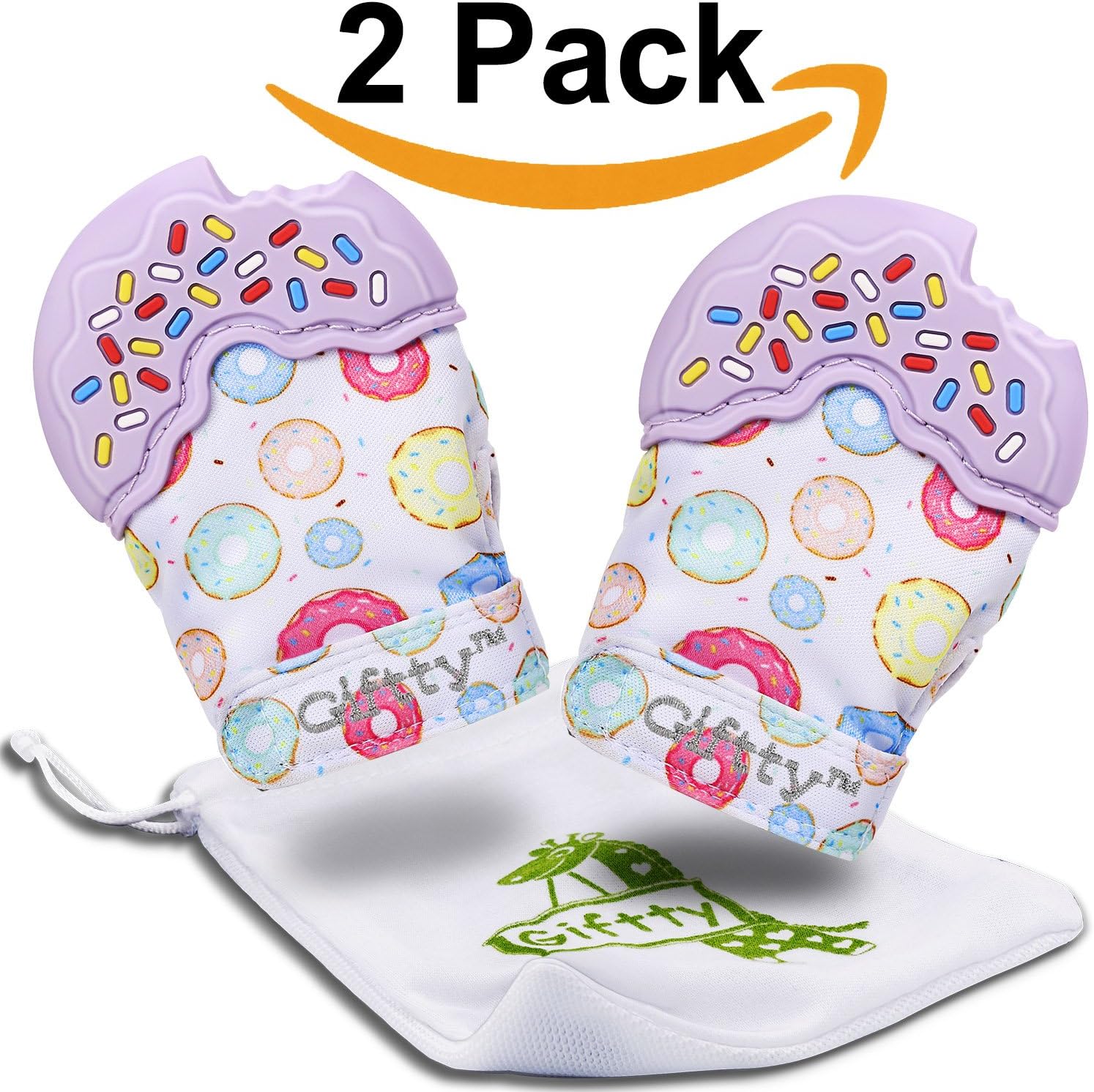 Baby Teething Mittens, Teething Glove for Baby, Smiling Teething Toys Mitten, Self-Soothing Stand on Hand mitt with Handy Travel Bag (Purple)