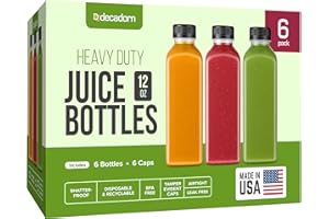 DECADORN 12 oz Juice Bottles With Caps - 6 Pack Plastic Bottles For Juicing, MADE IN USA Juicing Bottles Reusable - Juicer Bottles With Lids - Juice Containers With Lids - 12oz Plastic Bottles With Caps