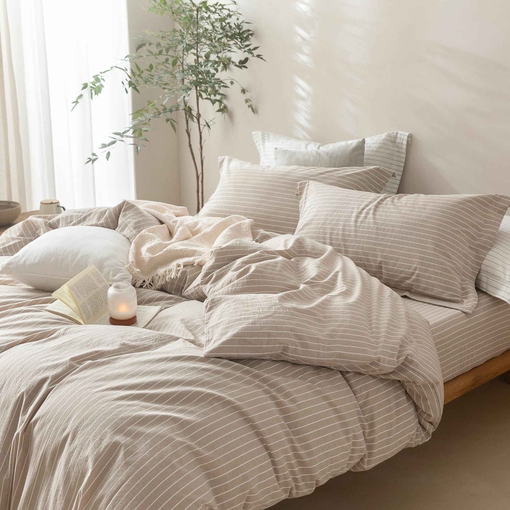 Condition photo showing New/Like New for bdear 3 pieces pinstripe duvet cover queen size 90''w x 90'' l, 100% washed cotton linen grey and wh