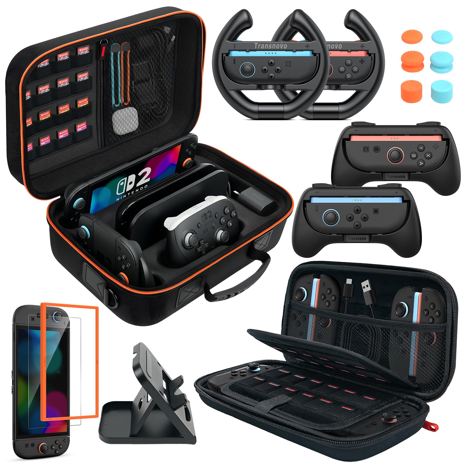 14 IN 1 Accessories Bundle Compatible with Nintendo Switch 2 (2025) - Large Hard Switch 2 Case, Portable Switch 2 Travel Case, HD Screen Protector, Joycon Grips, Steering Wheels, Stand & Thumb Grips
