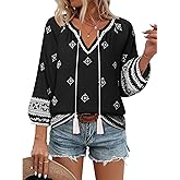Vivilli Womens Boho Tops Casual V Neck 3/4 Sleeve Blouses Floral Print Shirt Tie Front Flowy Vacation Clothes