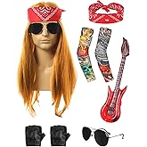 80s Rocker Costume Wig Men Hippie Wig with Bandana Sunglasses Sleeves for 80s Punk Party Accessories